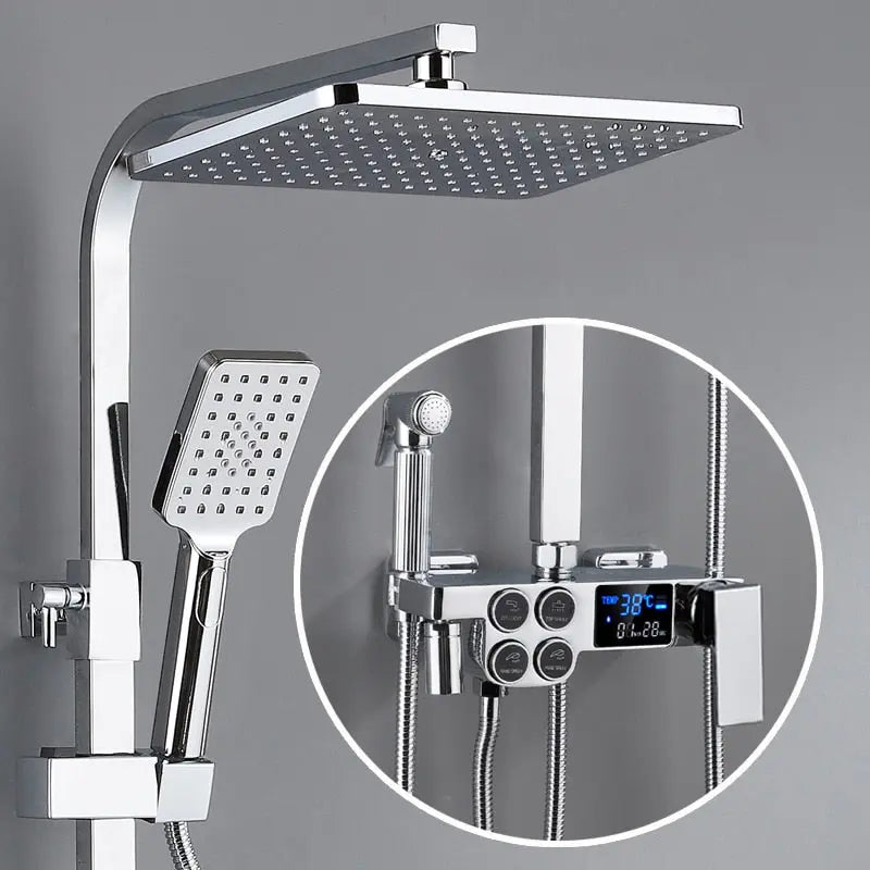 Hot and Cold Digital Shower Set Faucet Bathroom Shower System Black Gold Shower Faucet Square Shower Head  Bath Shower System  