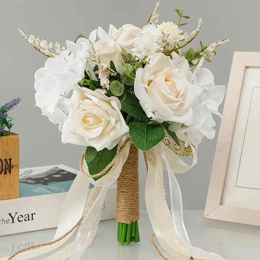 Yannew Rustic Wedding Bouquets for Bride White Champagne Artificial Roses Flowers Bridal Holding Bouquet for Wedding Decoration Yannew Official Store