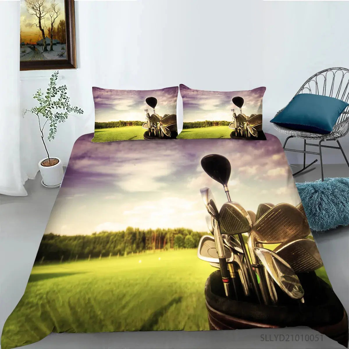 Golf Duvet Cover Set King Queen Ball Games Theme Bedding Set for Adult Men Sports Enthusiasts Green Grass Polyester.Quilt Cover  