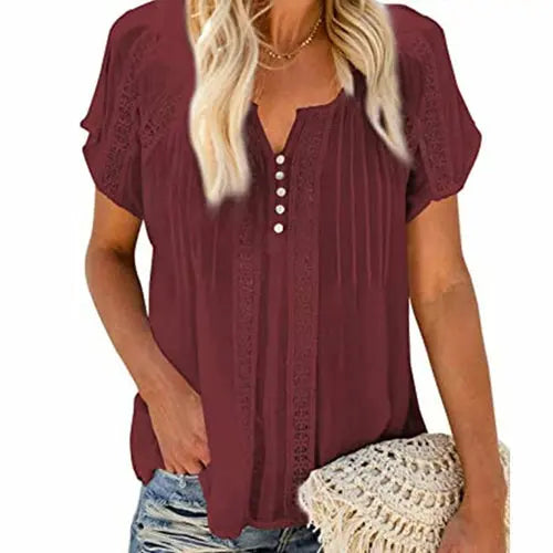 Hollow Out Blouse Short Sleeve Loose White Blouse - EBOYGIFTS LLC women Attire 8173-red-M Hollow Out Blouse Short Sleeve Loose White Blouse