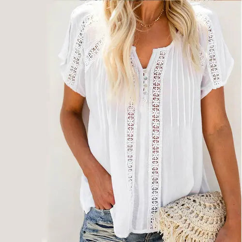 Hollow Out Blouse Short Sleeve Loose White Blouse  