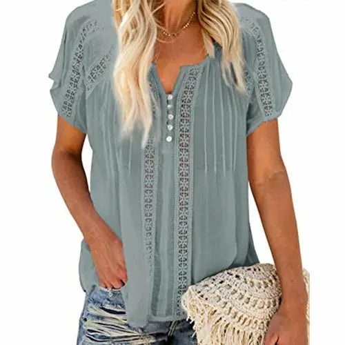 Hollow Out Blouse Short Sleeve Loose White Blouse - EBOYGIFTS LLC women Attire 8173-gray-XL Hollow Out Blouse Short Sleeve Loose White Blouse