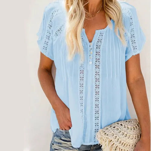 Hollow Out Blouse Short Sleeve Loose White Blouse - EBOYGIFTS LLC women Attire 8173-light-blue-XL Hollow Out Blouse Short Sleeve Loose White Blouse