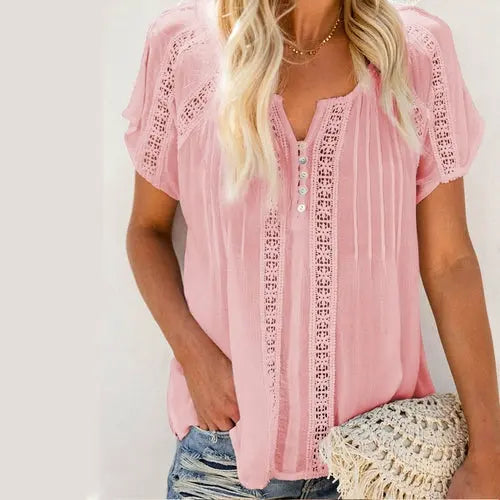 Hollow Out Blouse Short Sleeve Loose White Blouse - EBOYGIFTS LLC women Attire 8173-pink-XXL Hollow Out Blouse Short Sleeve Loose White Blouse