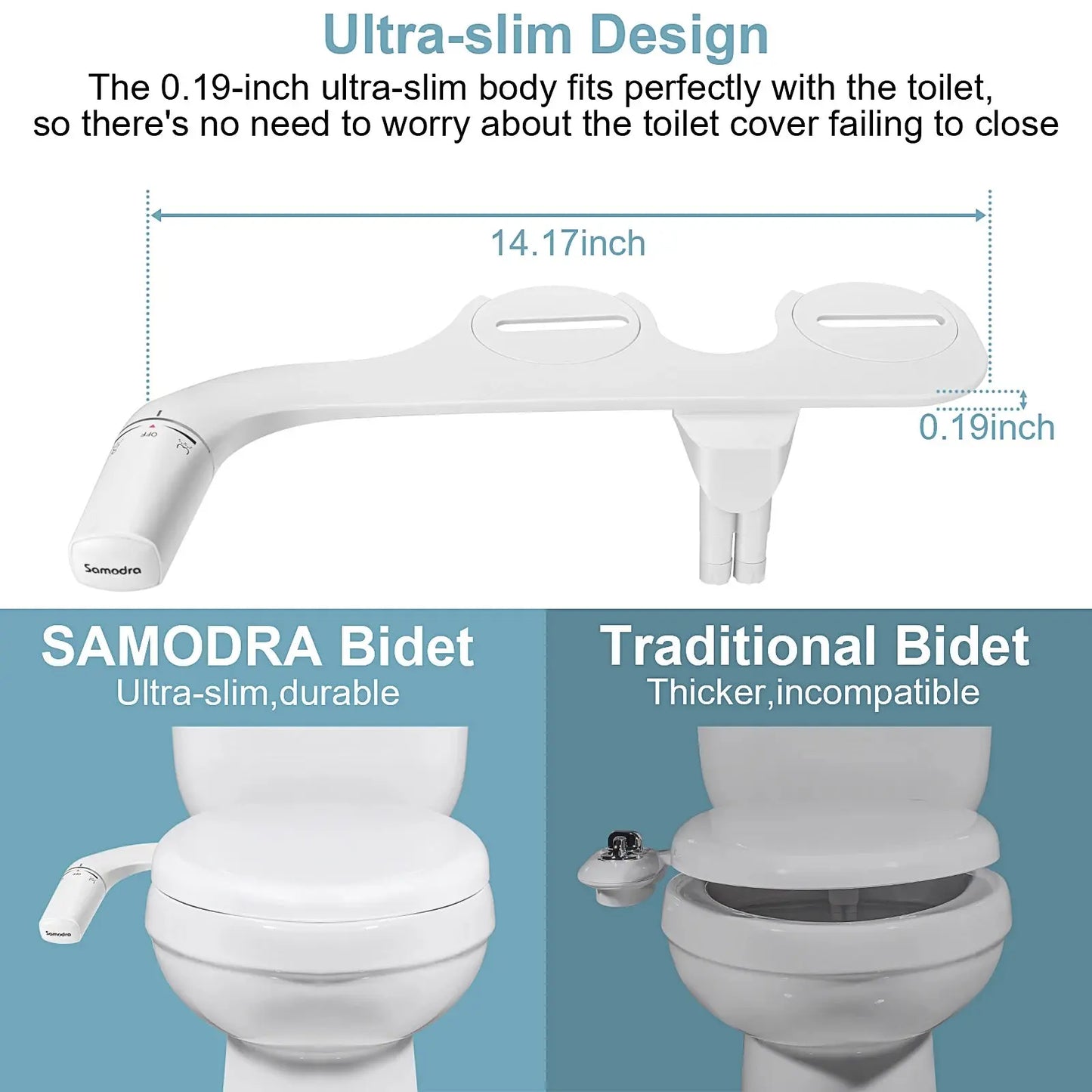 SAMODRA Bidet Attachment Ultra-Slim Toilet Seat Attachment Dual Nozzle Bidet Adjustable Water Pressure Non-Electric Ass Sprayer  