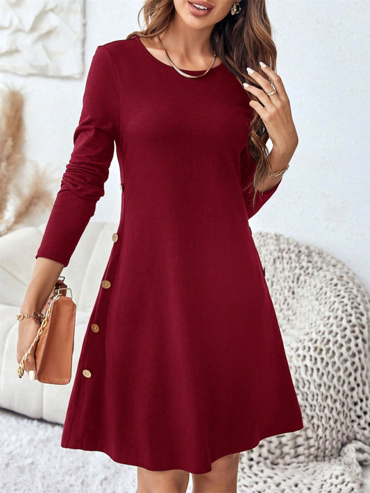 Round Neck Long Sleeve Mini Dress with Pockets  