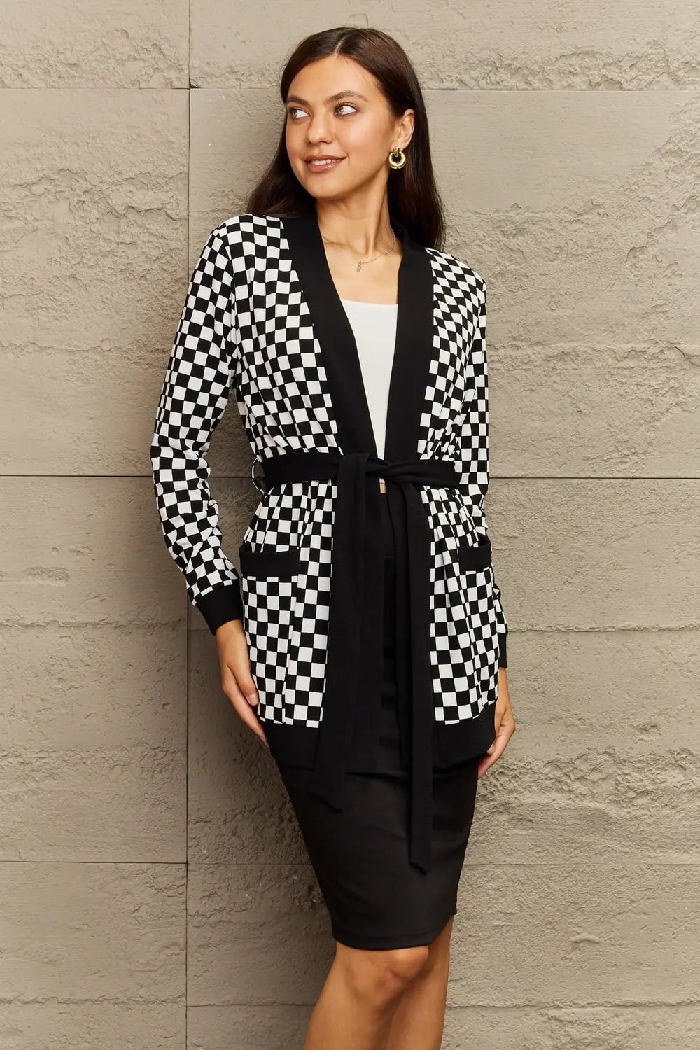 Ninexis Full Size Plaid Tie Waist Pocketed Cardigan  