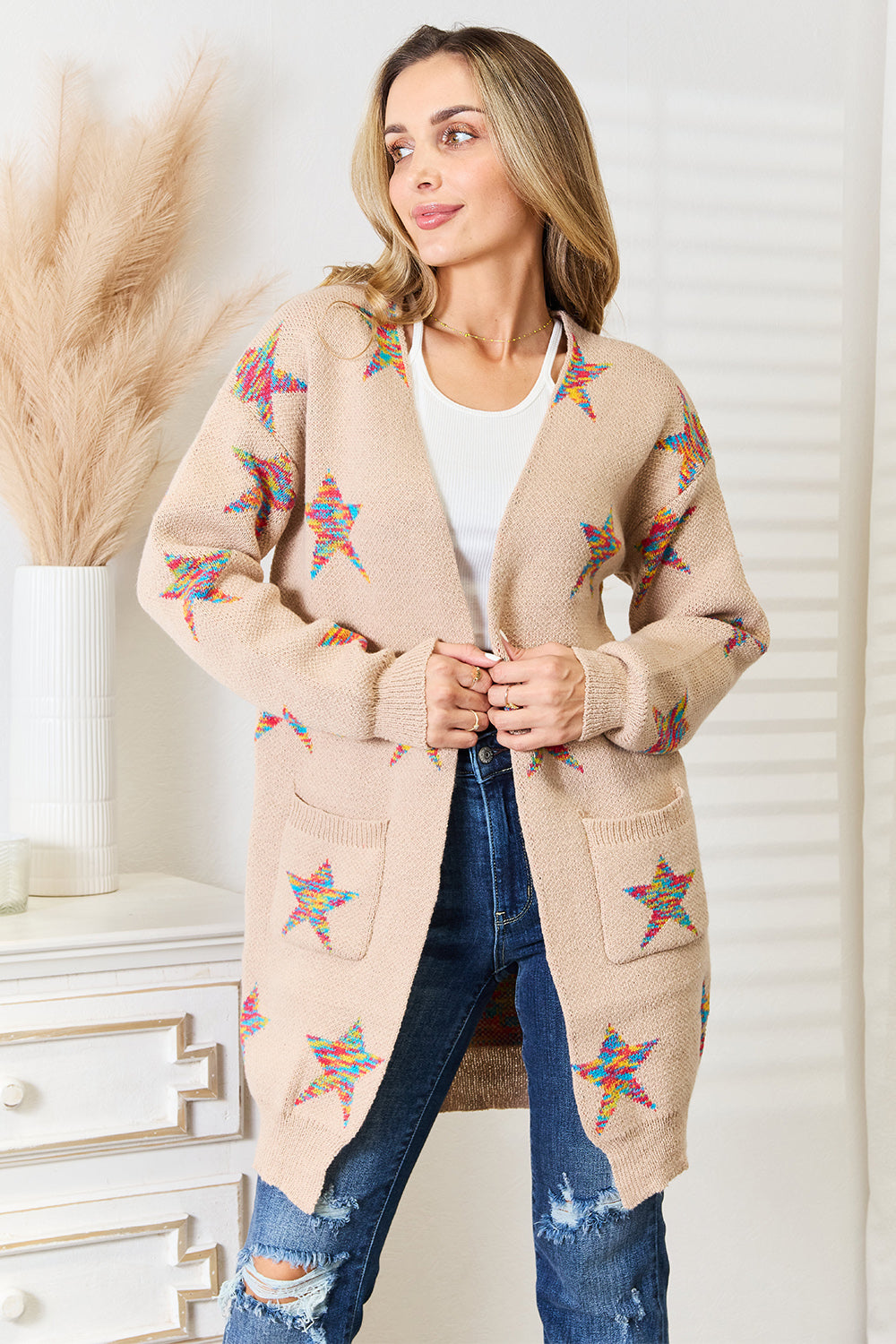 Angel Wings Star Pattern Open Front Longline Cardigan  