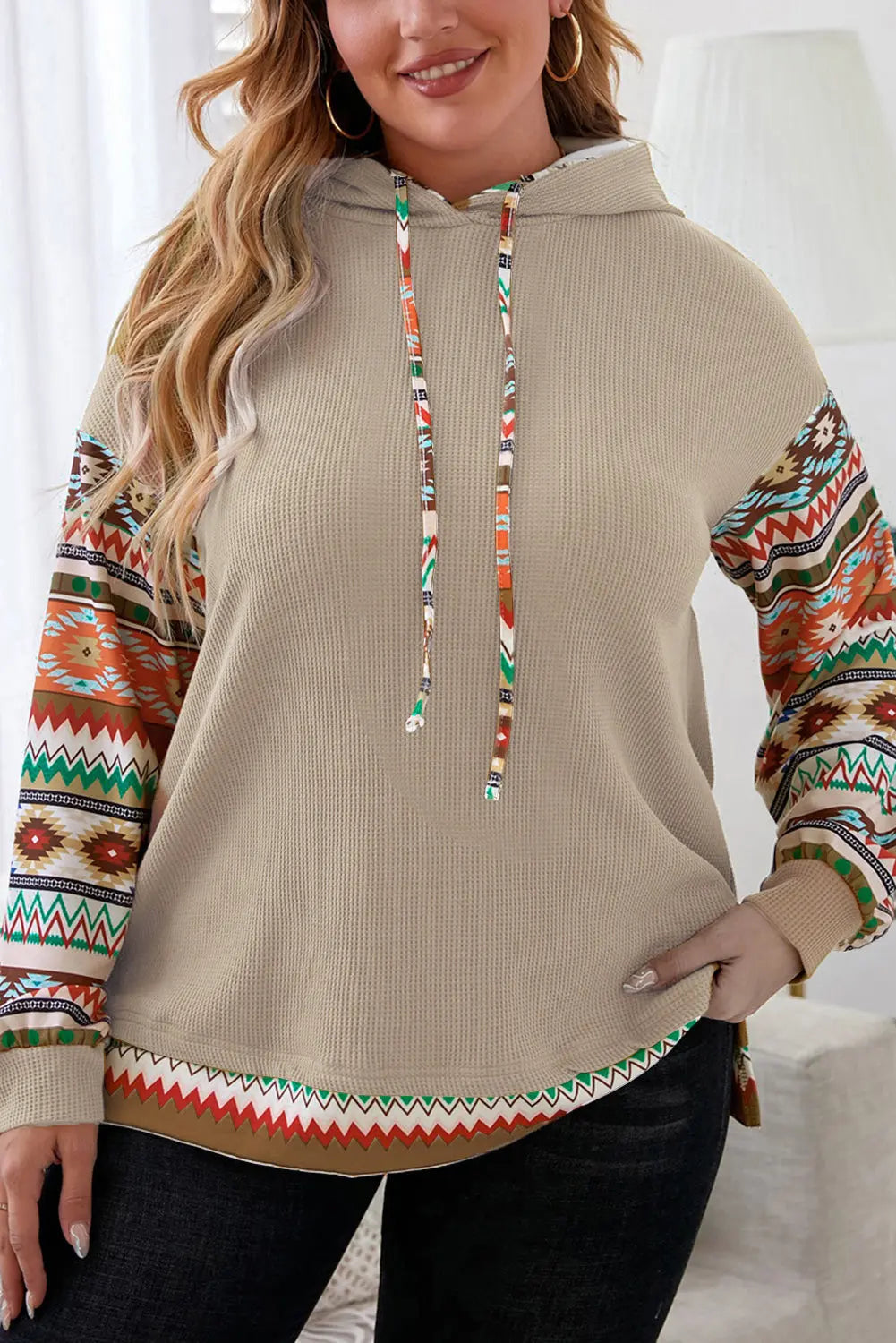 Plus Size Waffle-Knit Geometric Dropped Shoulder Hoodie  