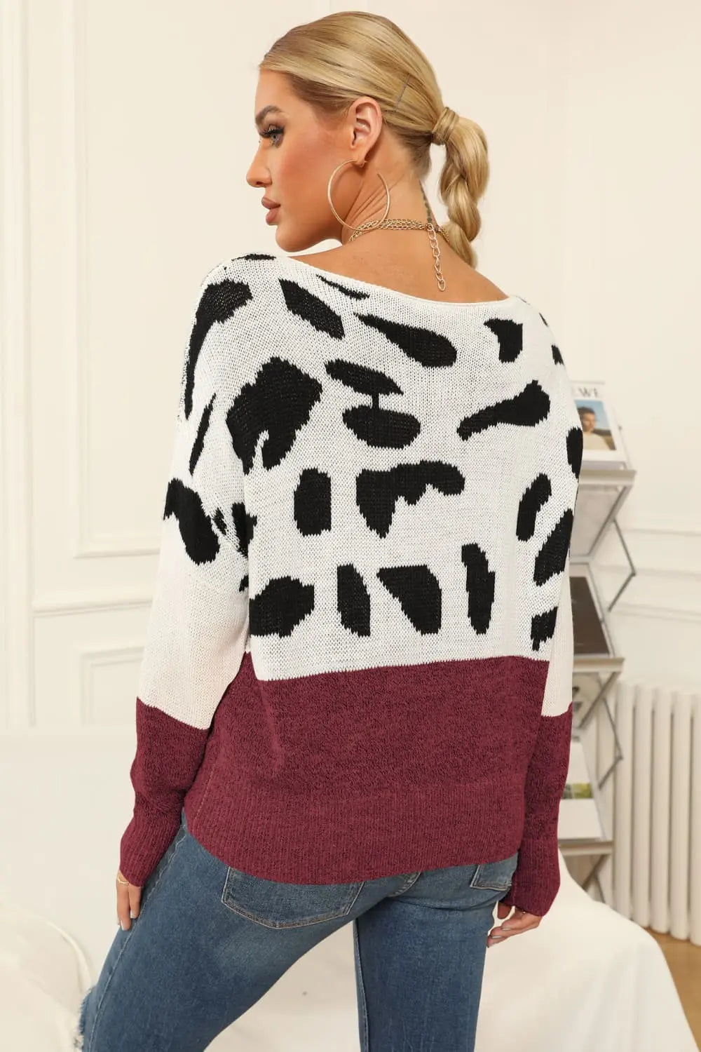 Full Size Two-Tone Boat Neck Sweater  