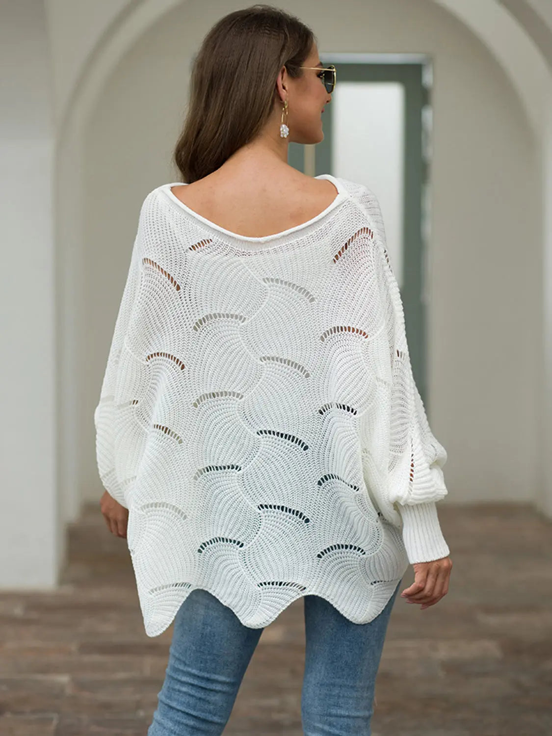 Full Size Boat Neck Lantern Sleeve Openwork Knit Top  