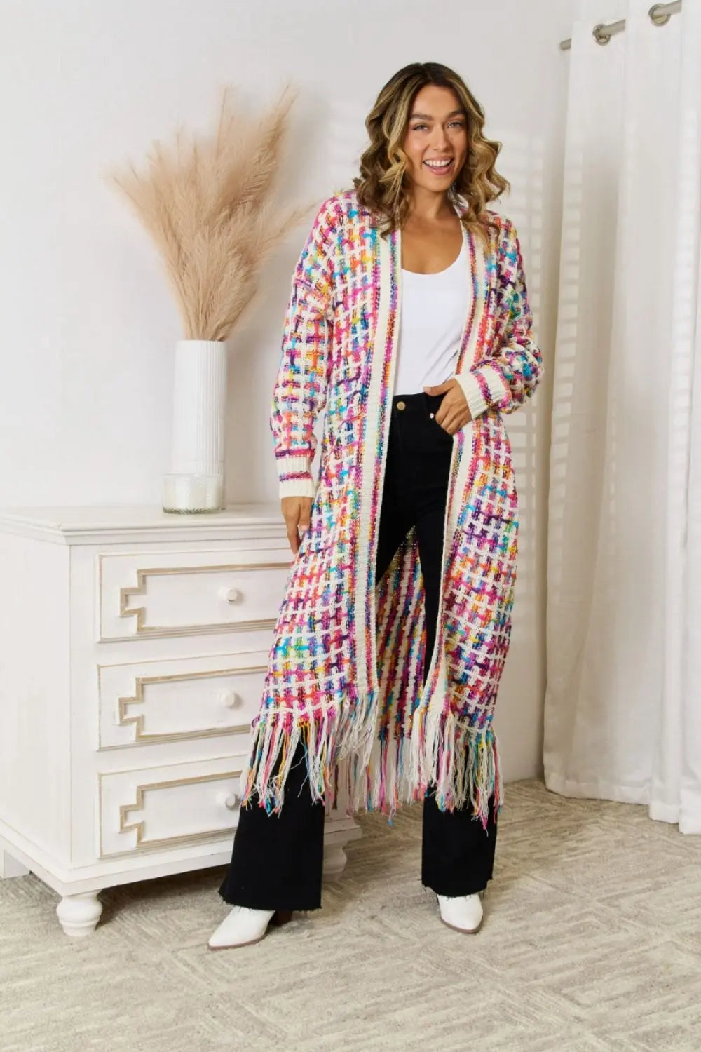 Angel Wings Full Size Multicolored Open Front Fringe Hem Cardigan  