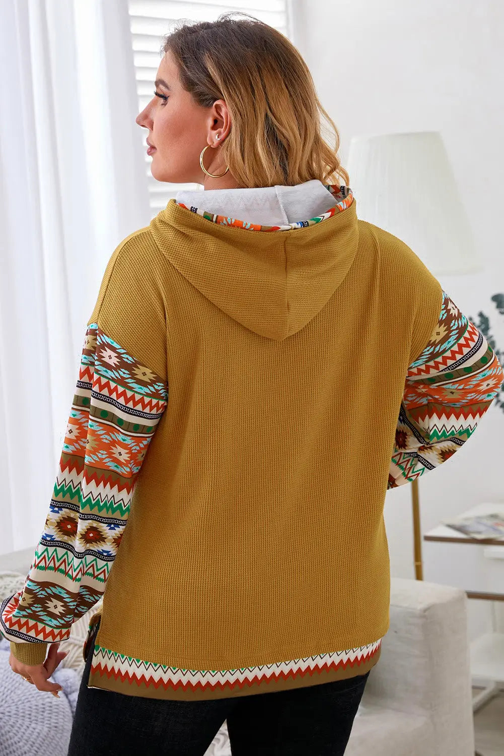 Plus Size Waffle-Knit Geometric Dropped Shoulder Hoodie  