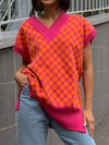 Full Size Checkered V-Neck Cap Sleeve Sweater  