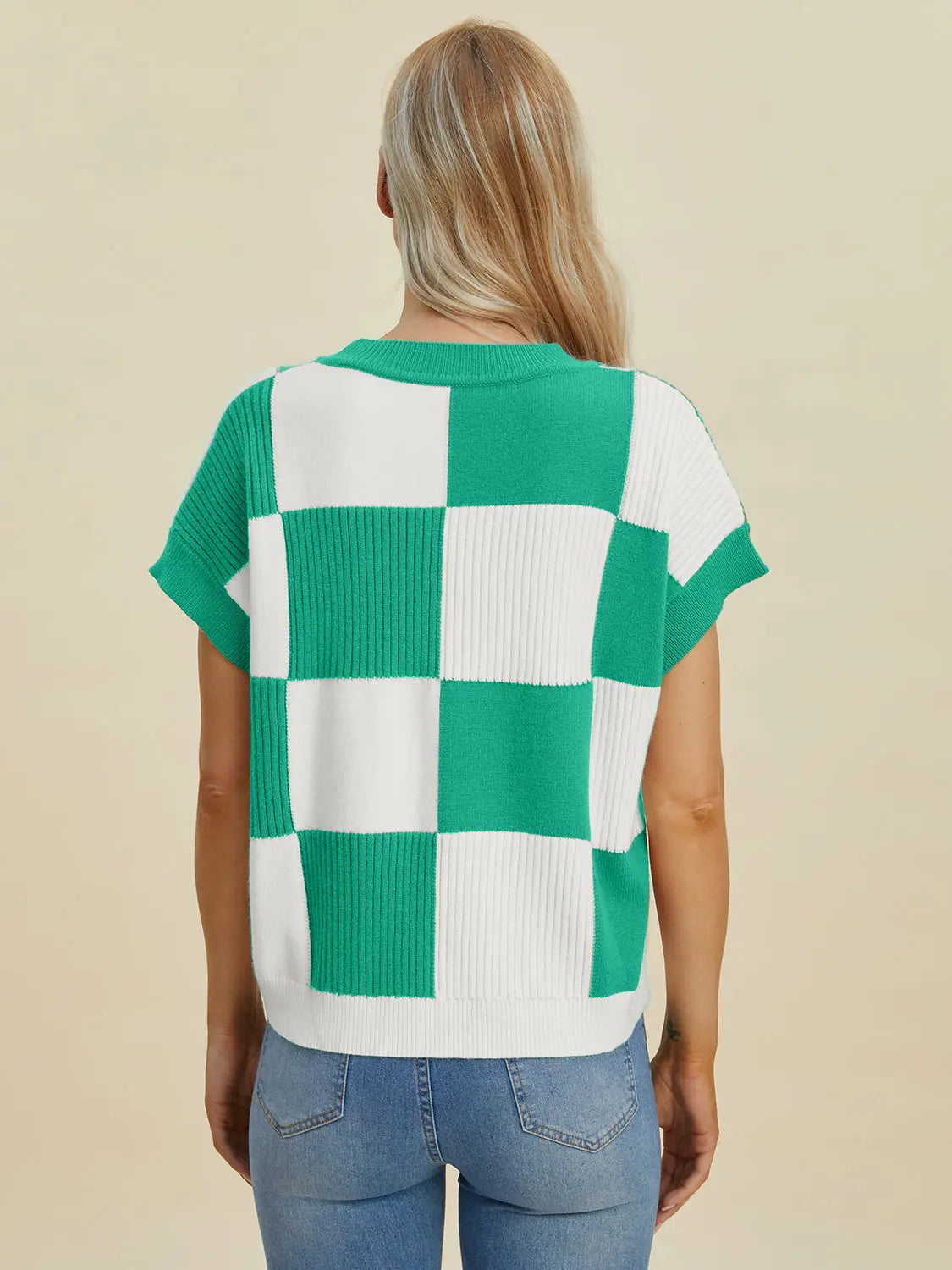 Double Take Full Size Checkered Round Neck Short Sleeve Sweater  