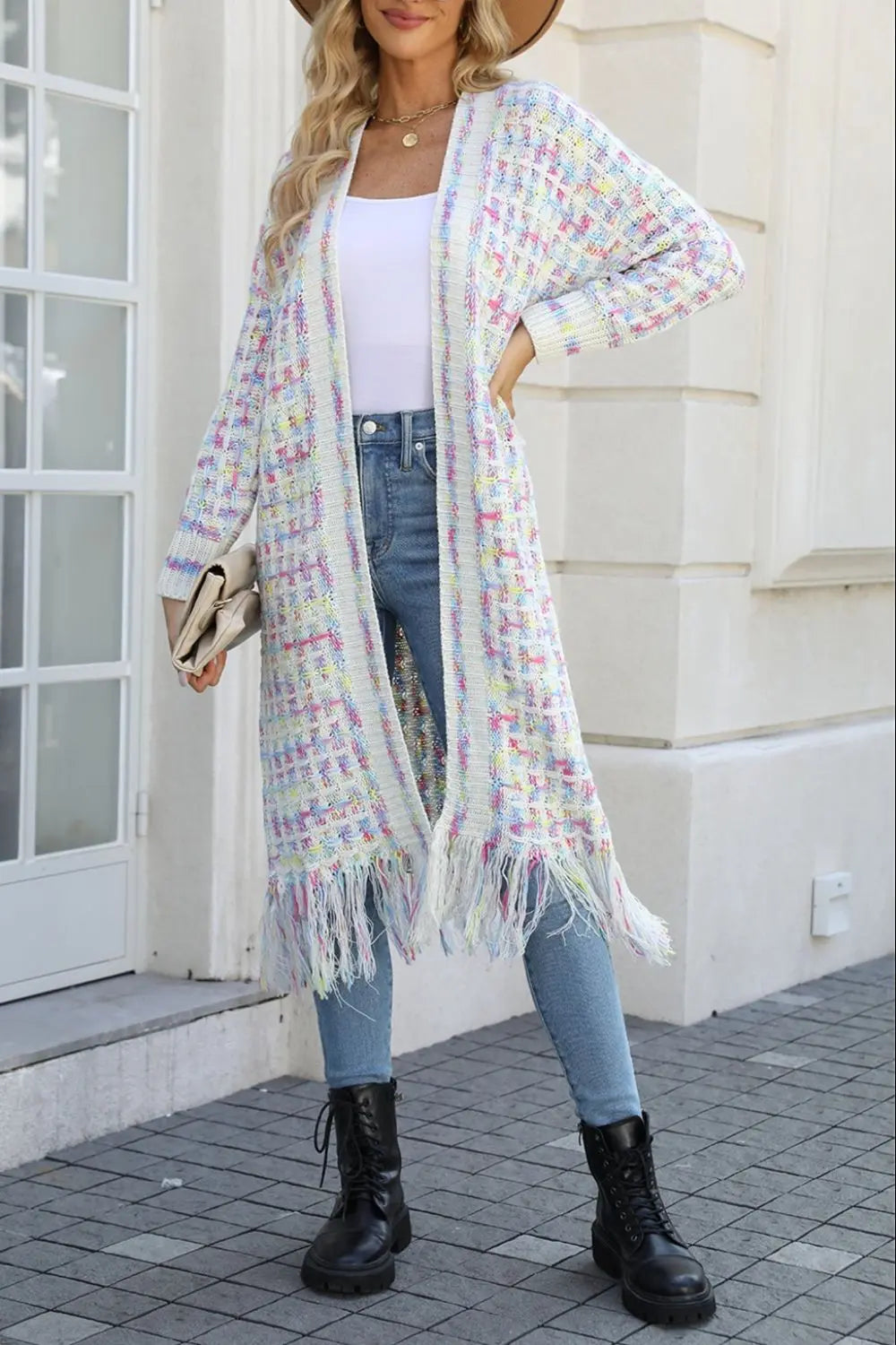 Angel Wings Full Size Multicolored Open Front Fringe Hem Cardigan  