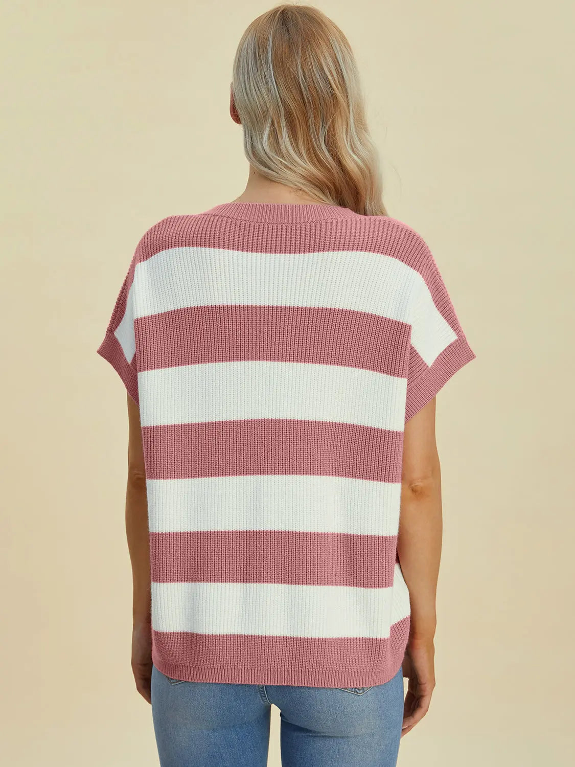 Double Take Full Size Striped V-Neck Short Sleeve Sweater  