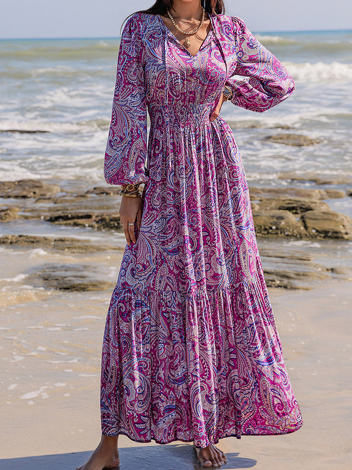 Printed Tie Neck Balloon Sleeve Maxi Dress  