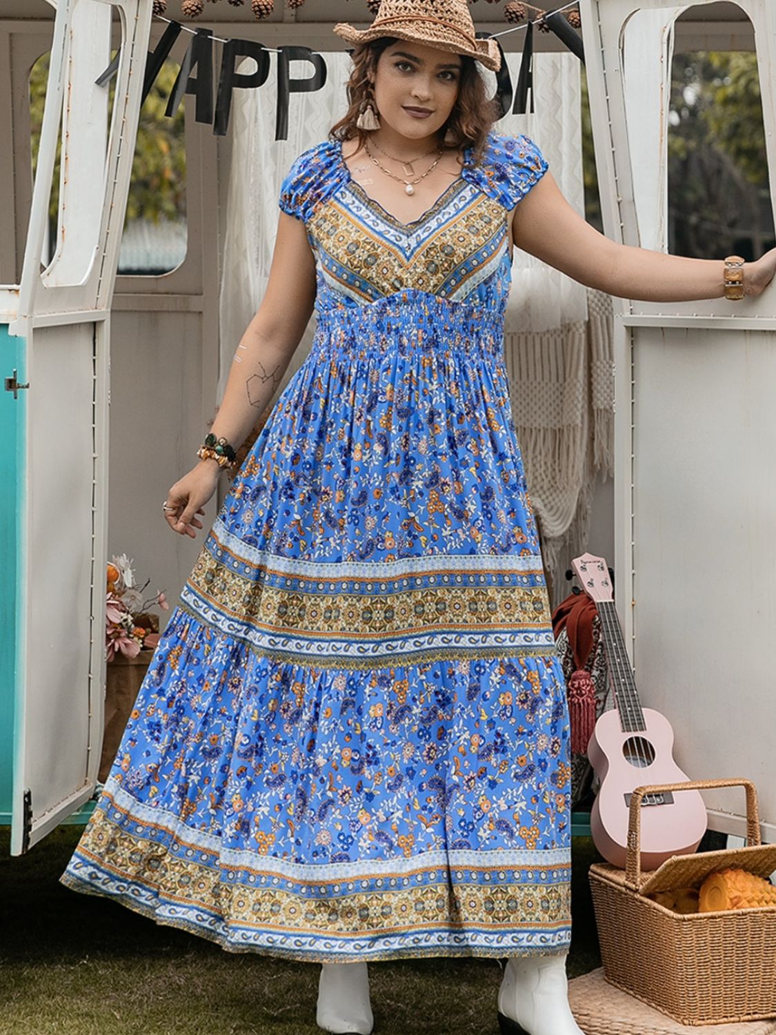 Plus Size Smocked Printed Cap Sleeve Dress  