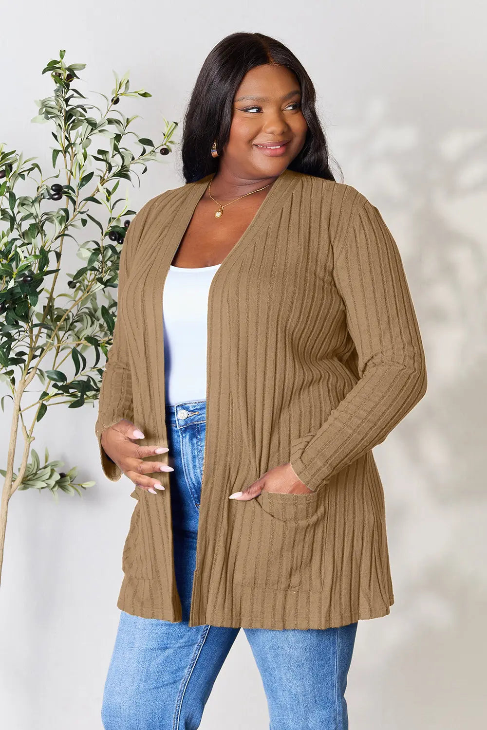 Basic Bae Full Size Ribbed Open Front Cardigan with Pockets  