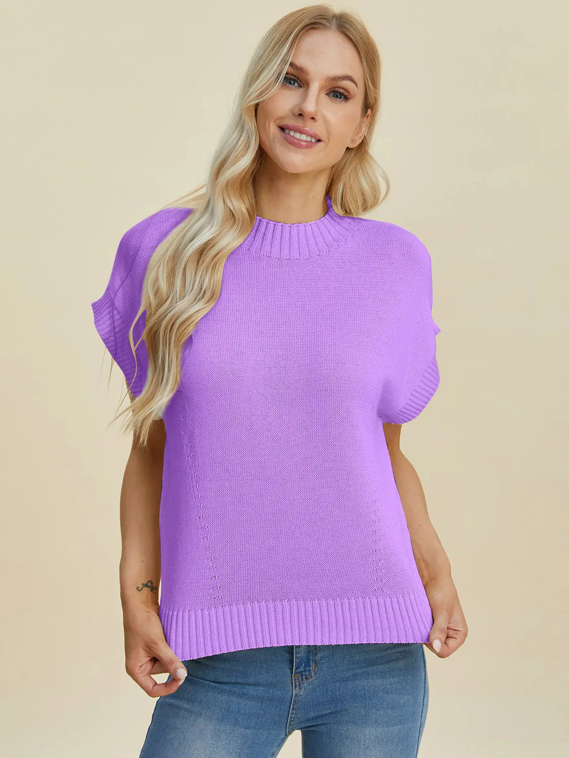 Double Take Full Size Mock Neck Short Sleeve Sweater  