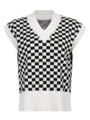 Full Size Checkered V-Neck Cap Sleeve Sweater  