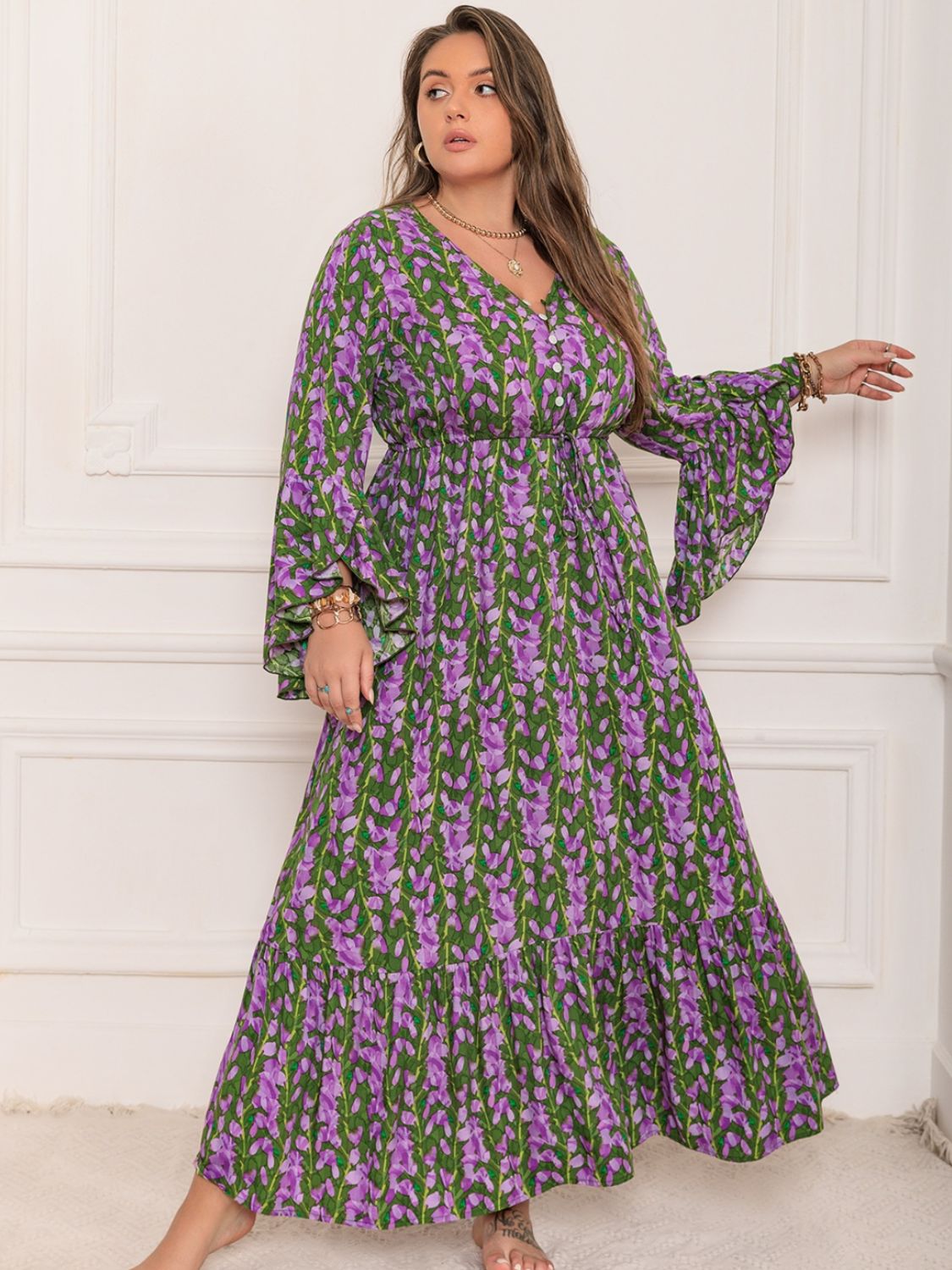 Plus Size Printed V-Neck Long Sleeve Maxi Dress  