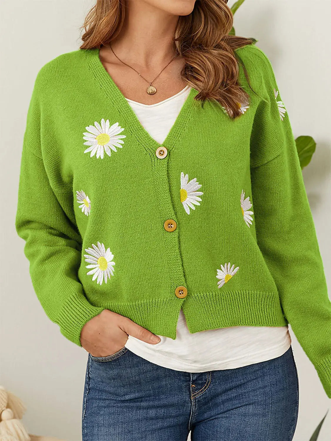 Flower Button Front Dropped Shoulder Cardigan  