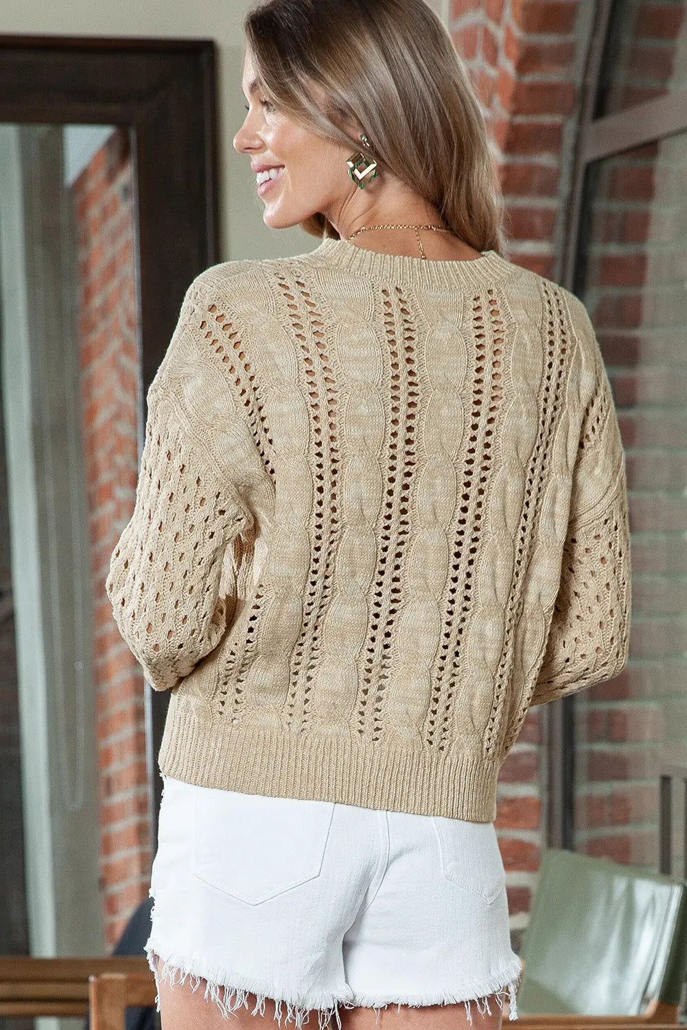 Full Size Openwork Cable-Knit Round Neck Knit Top  