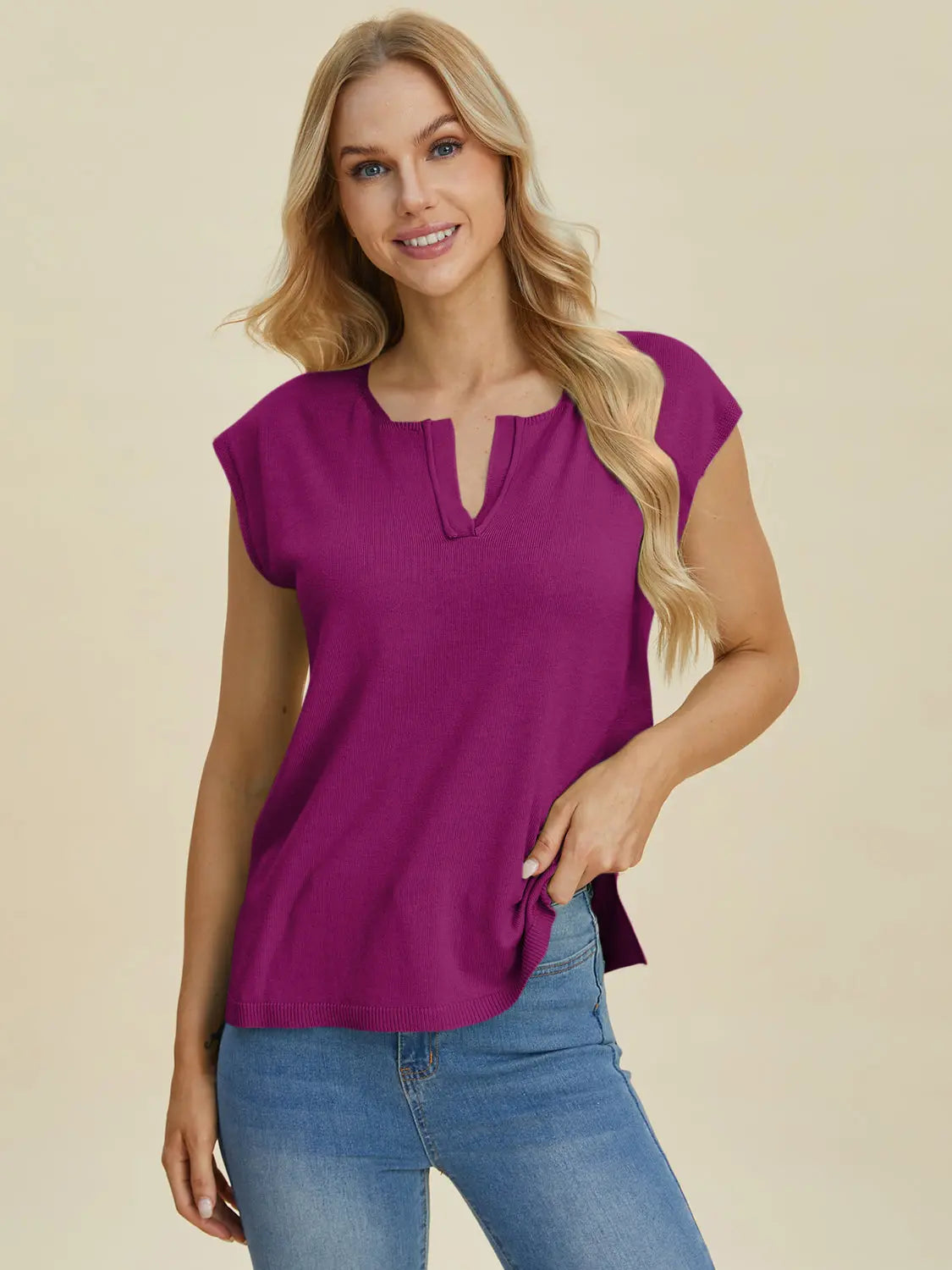 Double Take Full Size Notched Cap Sleeve Knit Top  