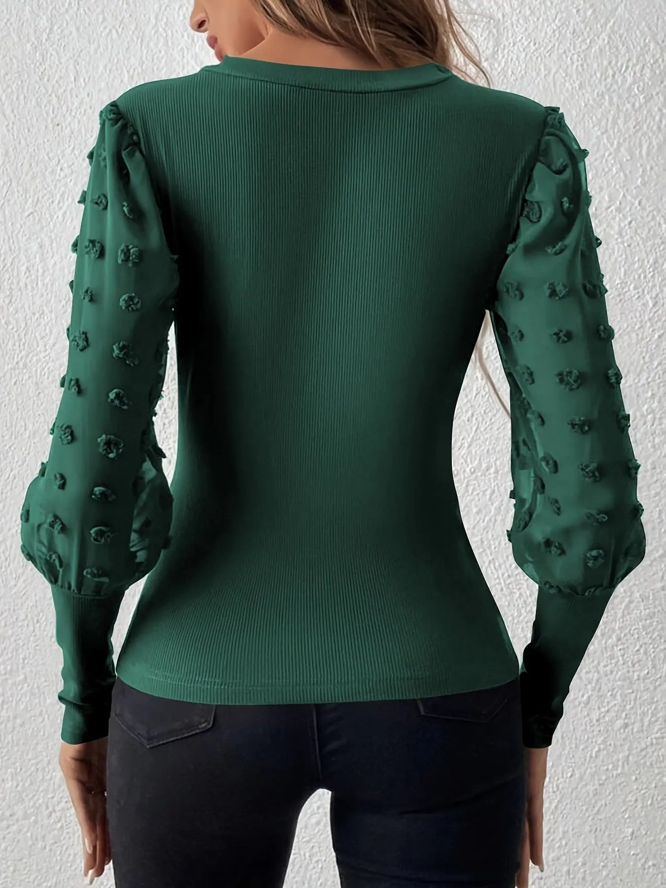 Elegant Rib V-neck Sleeve Chiffon Stitching Long Sleeve T-shirt Slimming Top  