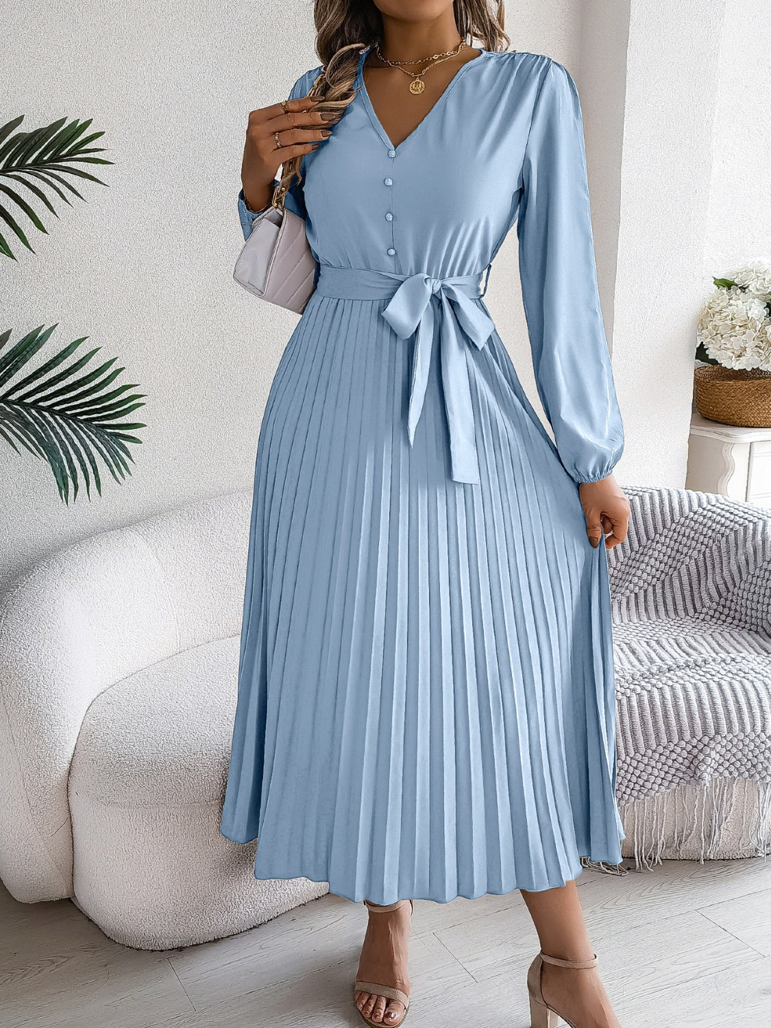 Pleated Tied V-Neck Long Sleeve Dress  