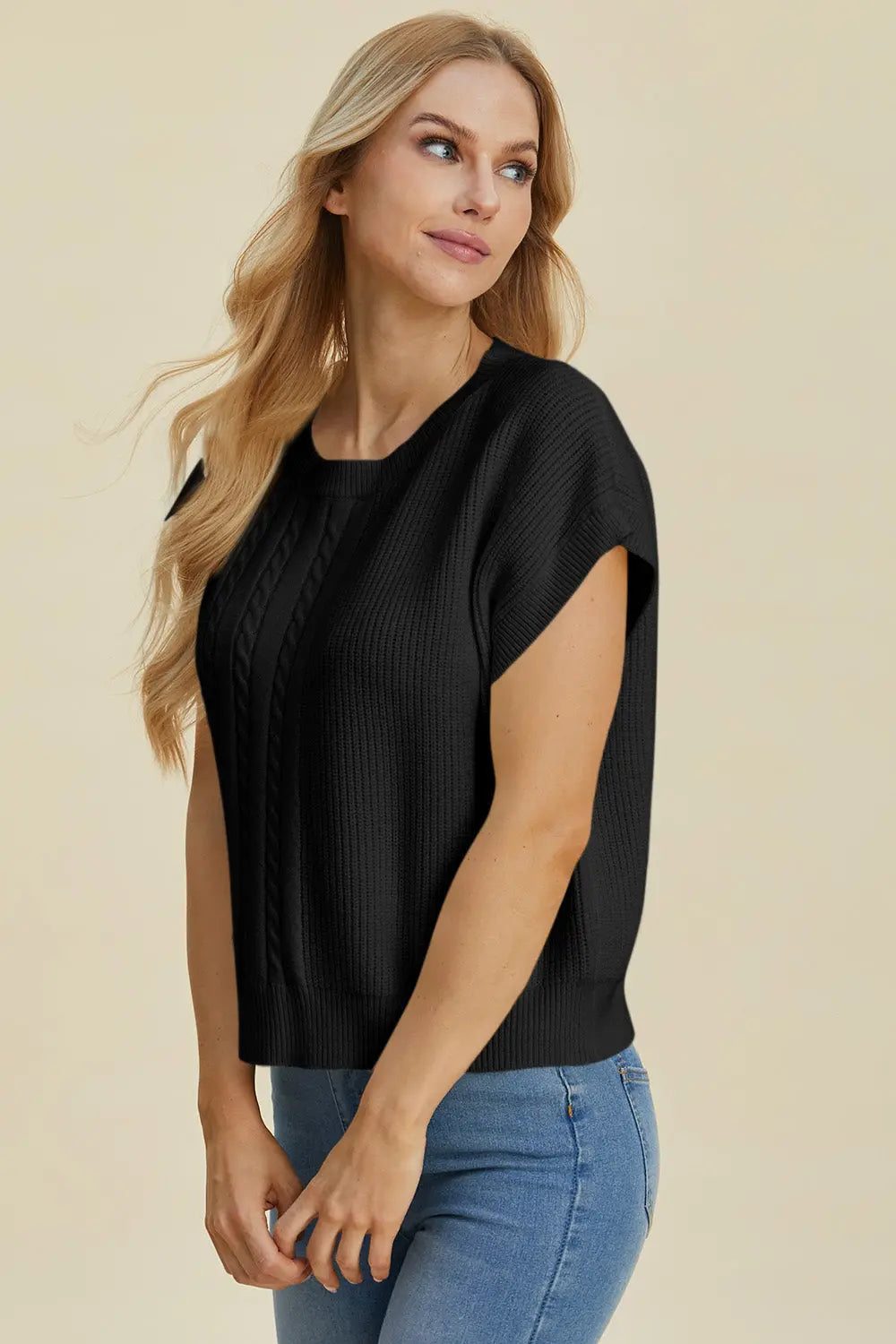 Double Take Full Size Cable-Knit Round Neck Short Sleeve Sweater  