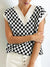 Full Size Checkered V-Neck Cap Sleeve Sweater  