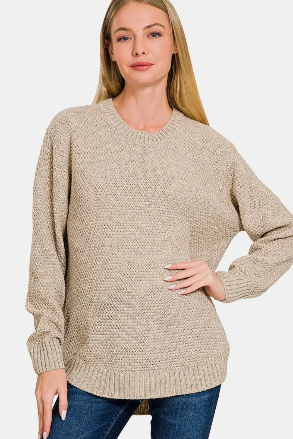 Zenana Ful Size Round Neck Long Sleeve Curved Hem Sweater  