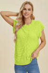 Double Take Full Size Cable-Knit Round Neck Cap Sleeve Sweater  