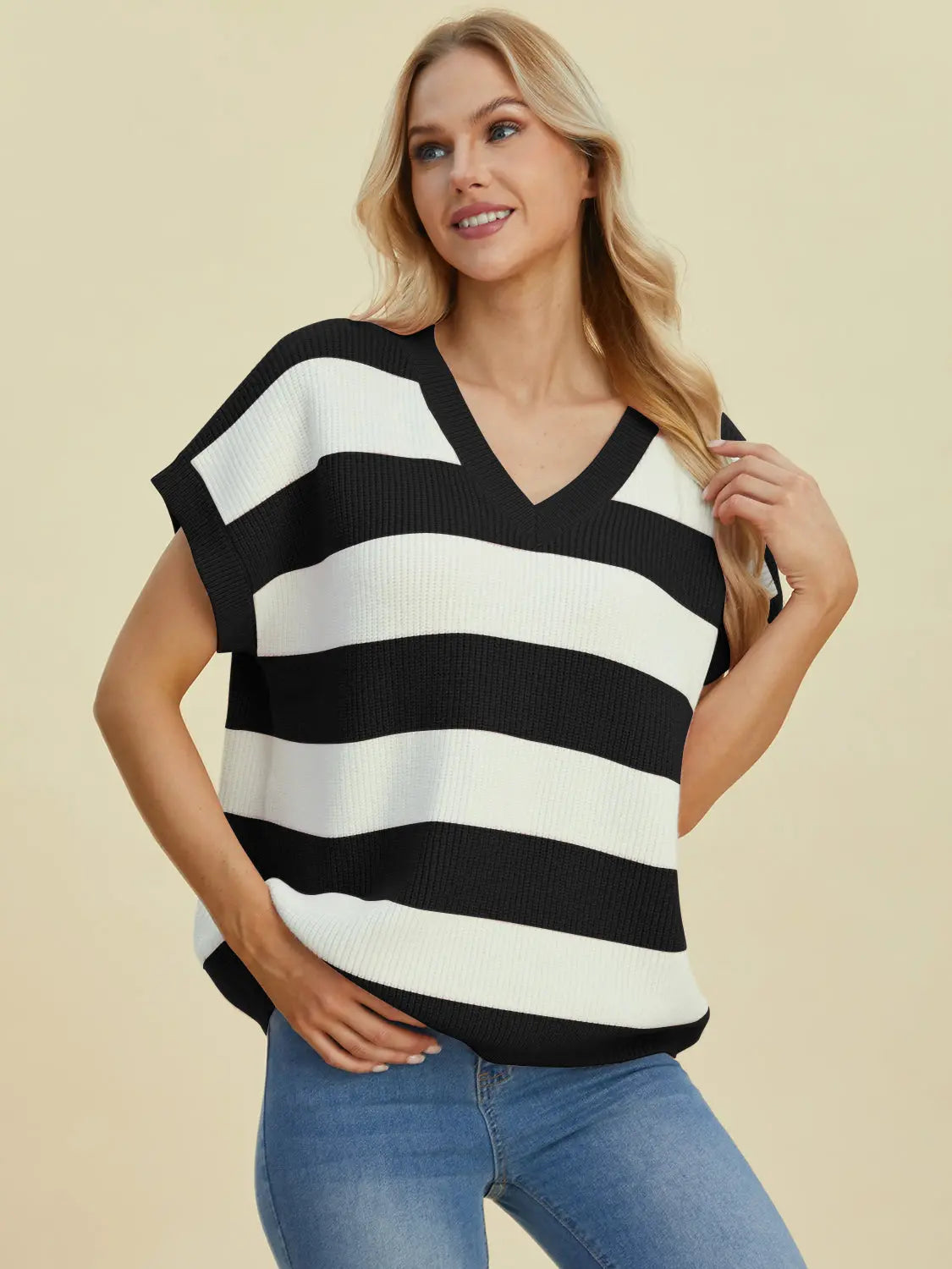 Double Take Full Size Striped V-Neck Short Sleeve Sweater  