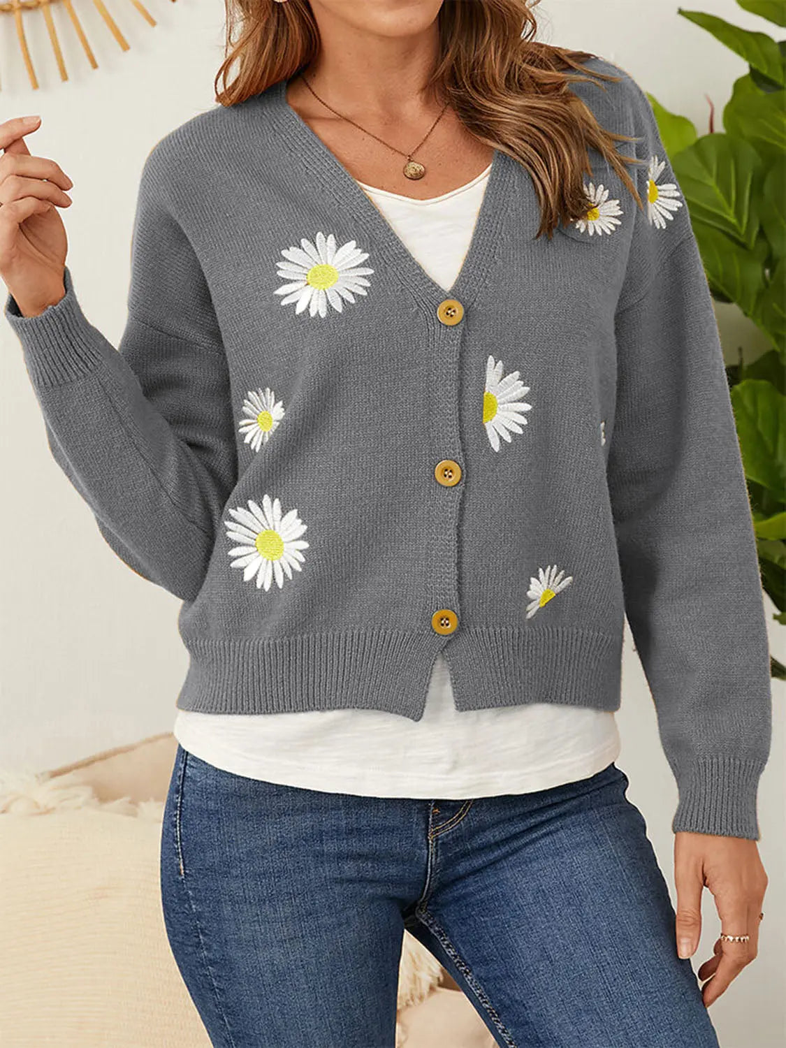 Flower Button Front Dropped Shoulder Cardigan  