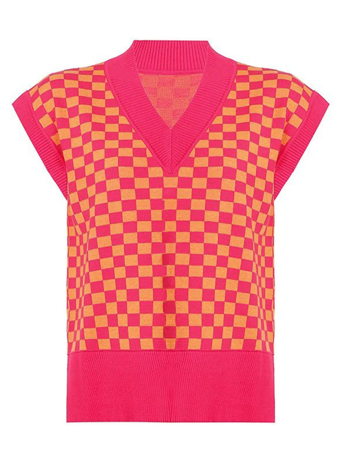 Full Size Checkered V-Neck Cap Sleeve Sweater  