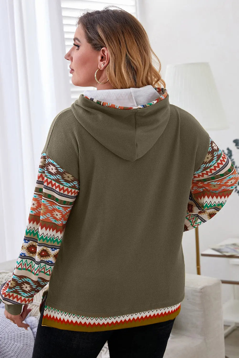 Plus Size Waffle-Knit Geometric Dropped Shoulder Hoodie  