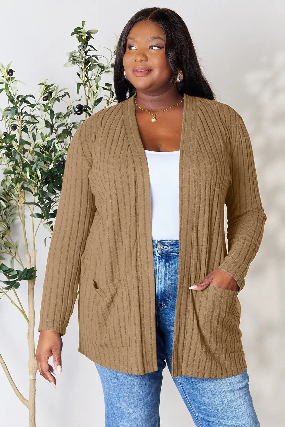 Basic Bae Full Size Ribbed Open Front Cardigan with Pockets  