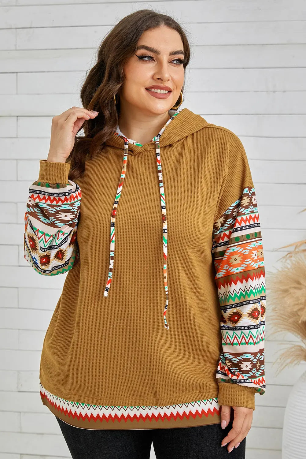 Plus Size Waffle-Knit Geometric Dropped Shoulder Hoodie  