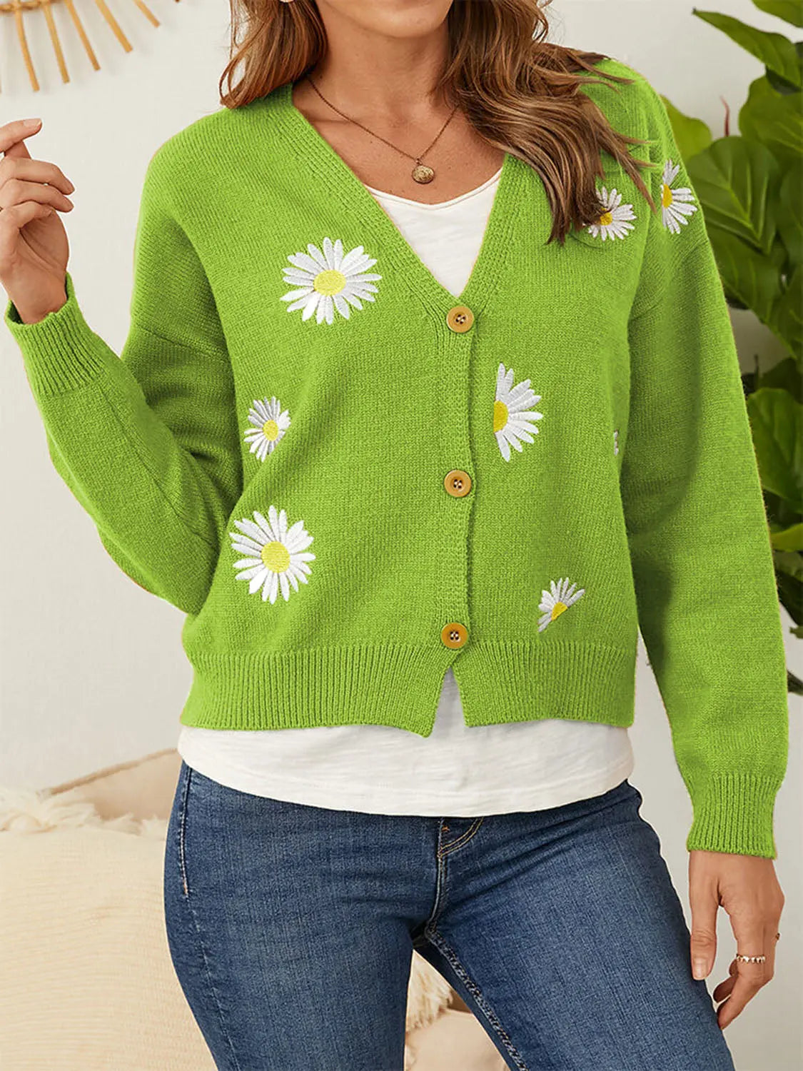 Flower Button Front Dropped Shoulder Cardigan  