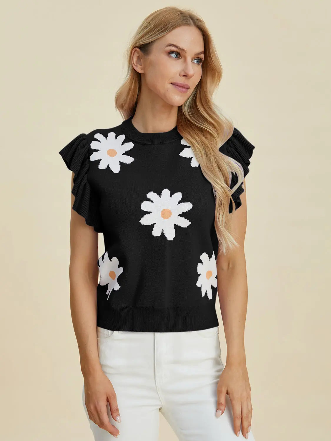 Double Take Full Size Ruffled Flower Round Neck Cap Sleeve Sweater  