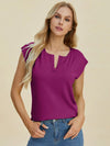 Double Take Full Size Notched Cap Sleeve Knit Top  