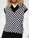 Full Size Checkered V-Neck Cap Sleeve Sweater  