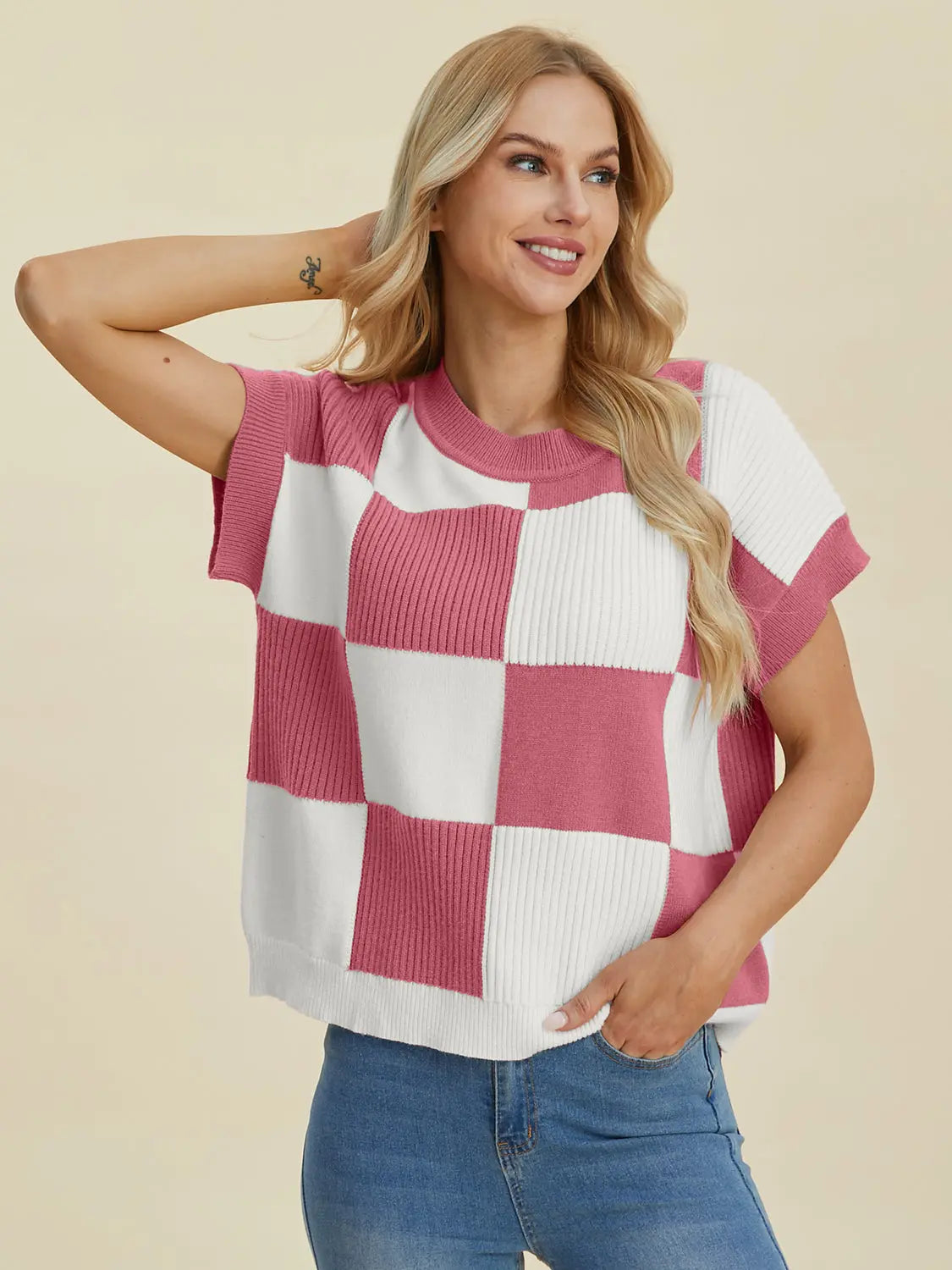 Double Take Full Size Checkered Round Neck Short Sleeve Sweater  