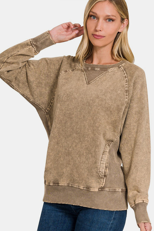 Zenana Pocketed Round Neck Sweatshirt  