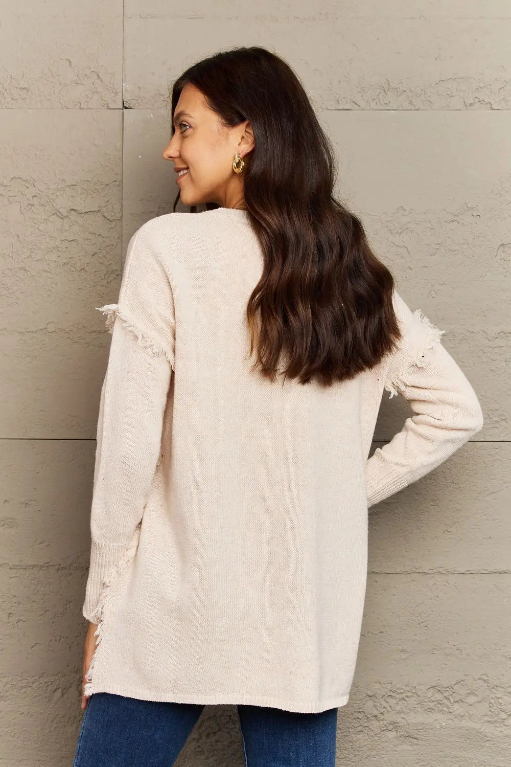 Ninexis Full Size Buttoned Dropped Shoulder Raw Hem Pullover Sweater  