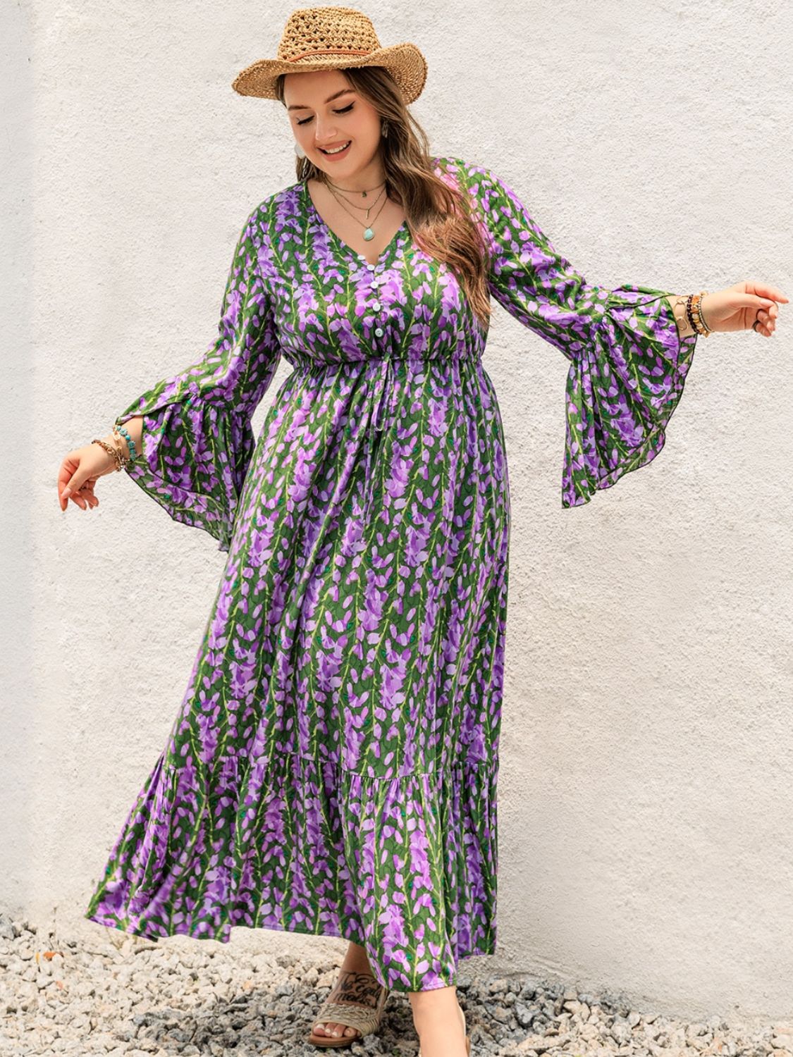 Plus Size Printed V-Neck Long Sleeve Maxi Dress  